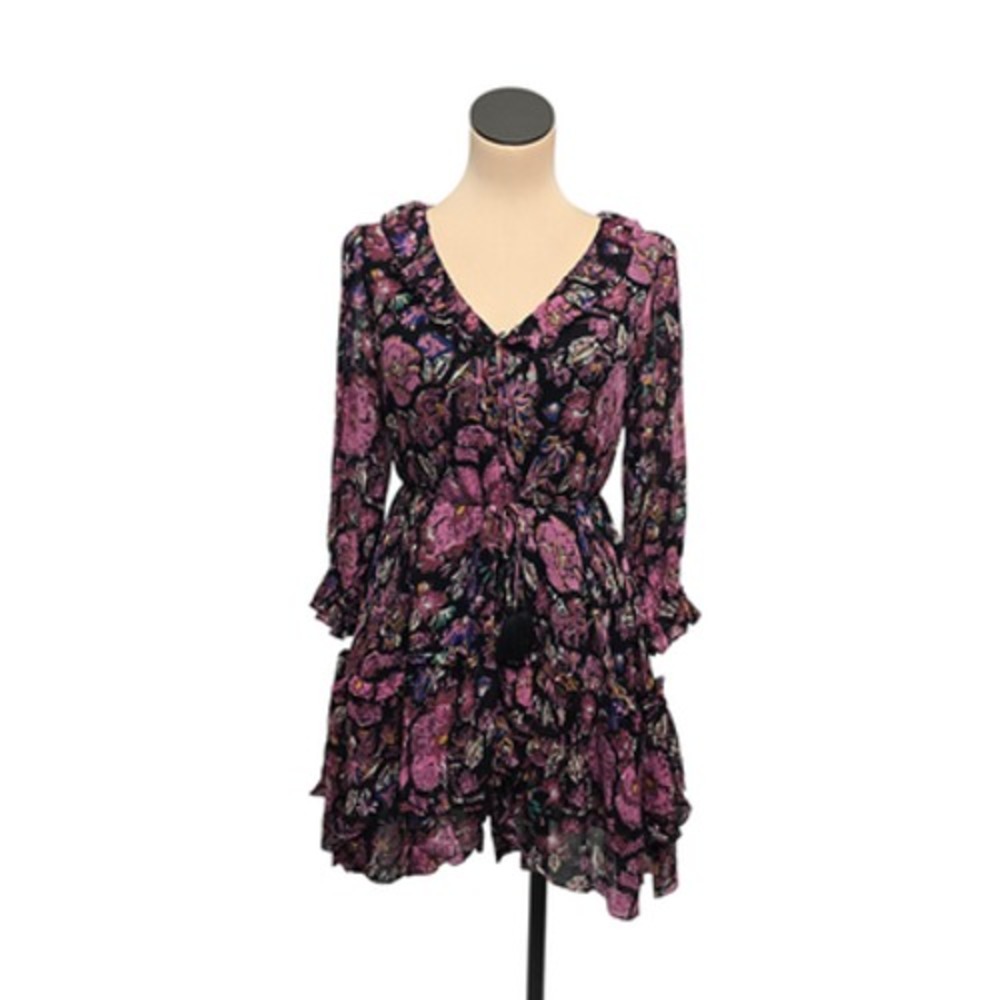 Cleobella Purple Floral Ruffle Mini Dress Boho Long Sleeve V-Neck Size Small
